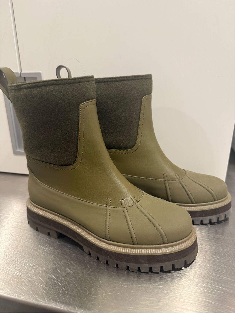 Loro Piana Olive Green Leather and Wool Lug-Soled Ankle Boots